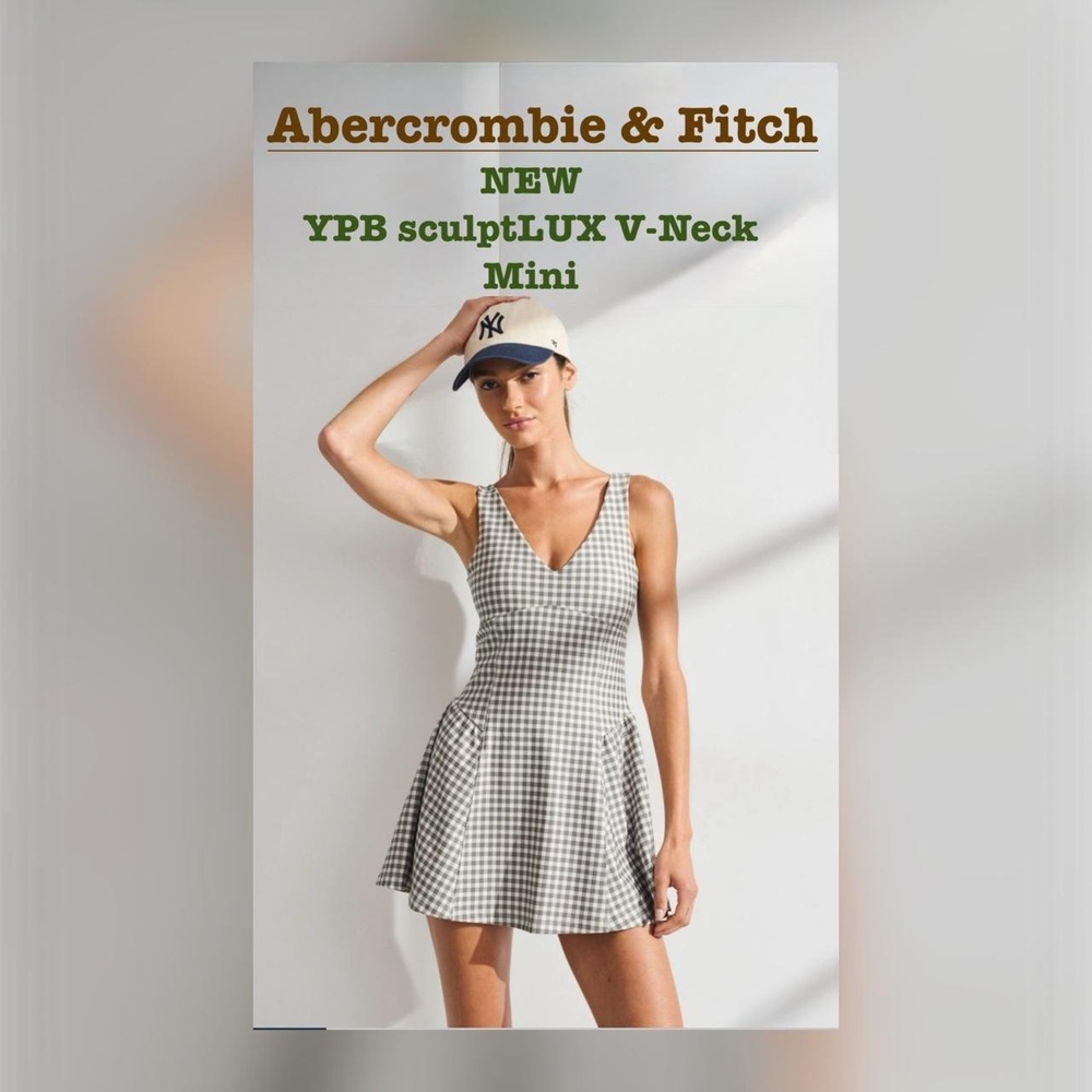 Abercrombie & Fitch YPB Sculpt Lux V-Neck Mini Dress in white & brown gingham